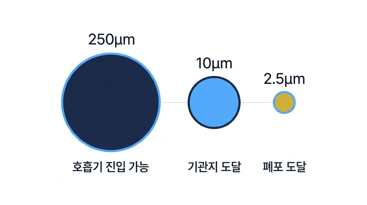 모래 입자 크기를 큰 알갱이부터 미분까지 단계별로 보여주는 도해, 250μm 경계선이 표시됨