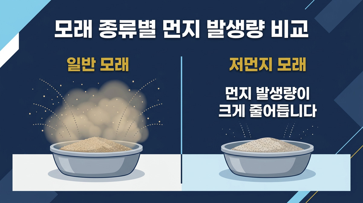 일반 모래와 저먼지 모래를 부었을 때 먼지 발생량을 나란히 비교하는 장면