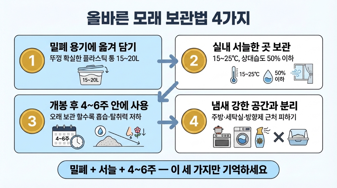 올바른 모래 보관법 4단계 인포그래픽