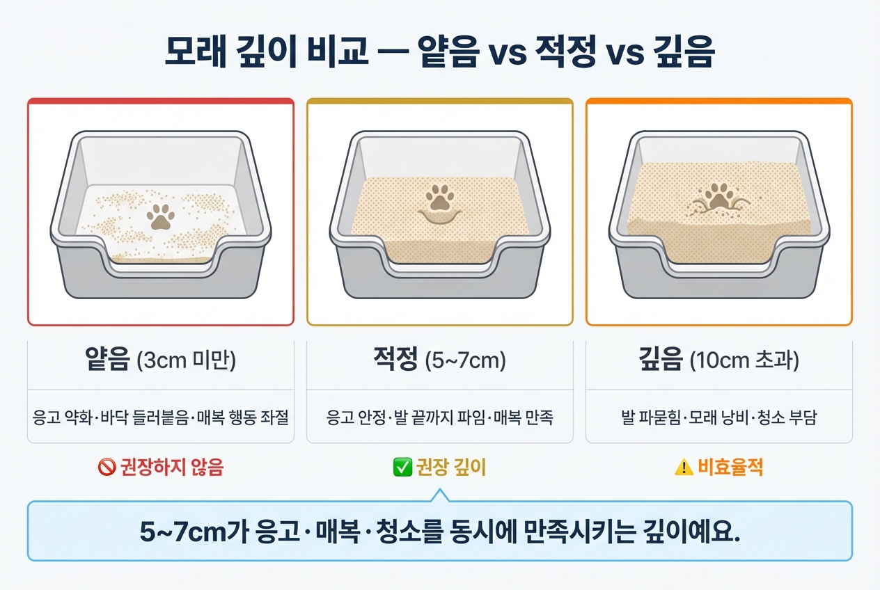 모래 깊이 비교 — 얕음, 적정, 깊음 인포그래픽