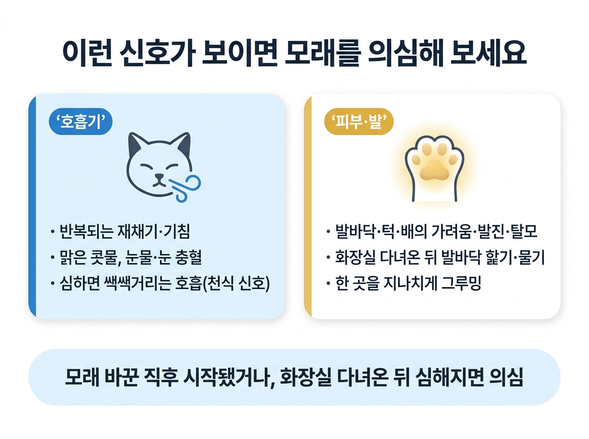 모래 알레르기를 의심해 볼 호흡기 신호와 피부·발 신호 인포그래픽